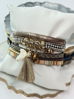 Boho Multi Strand Bracelet Tassel Charm Magnetic Clasp Rhinestone Layered Look